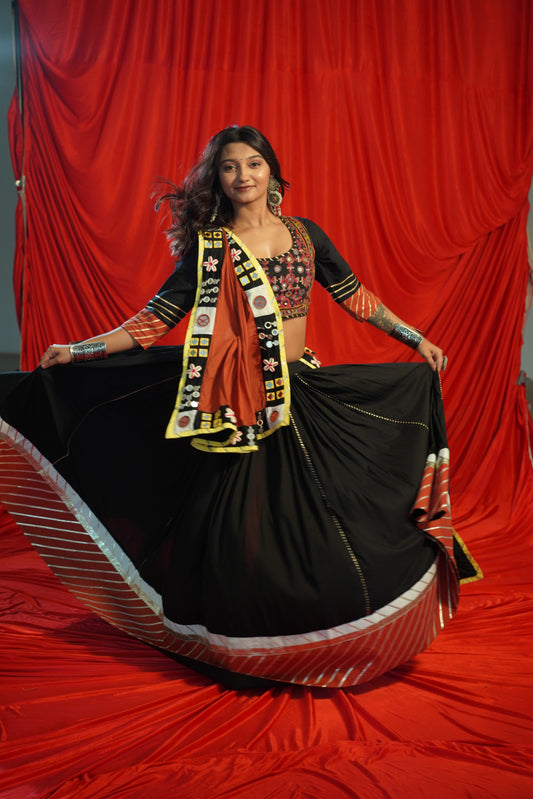 Kutch Heritage Black Cotton Chaniya Choli Set with Handcrafted Mirror Shell Dupatta – Raas 2025 Exclusive