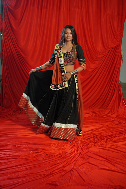 Kutch Heritage Black Cotton Chaniya Choli Set with Handcrafted Mirror Shell Dupatta – Raas 2025 Exclusive