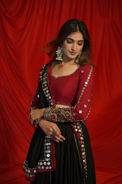 Boho Mirrorwork Black Chaniya Choli with Ajrakh Fusion – Navratri Raas 2025