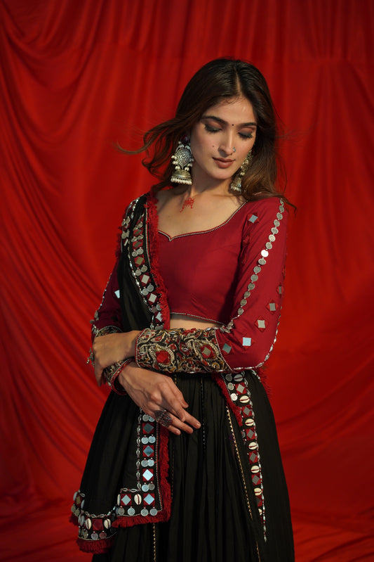 Boho Mirrorwork Black Chaniya Choli with Ajrakh Fusion – Navratri Raas 2025