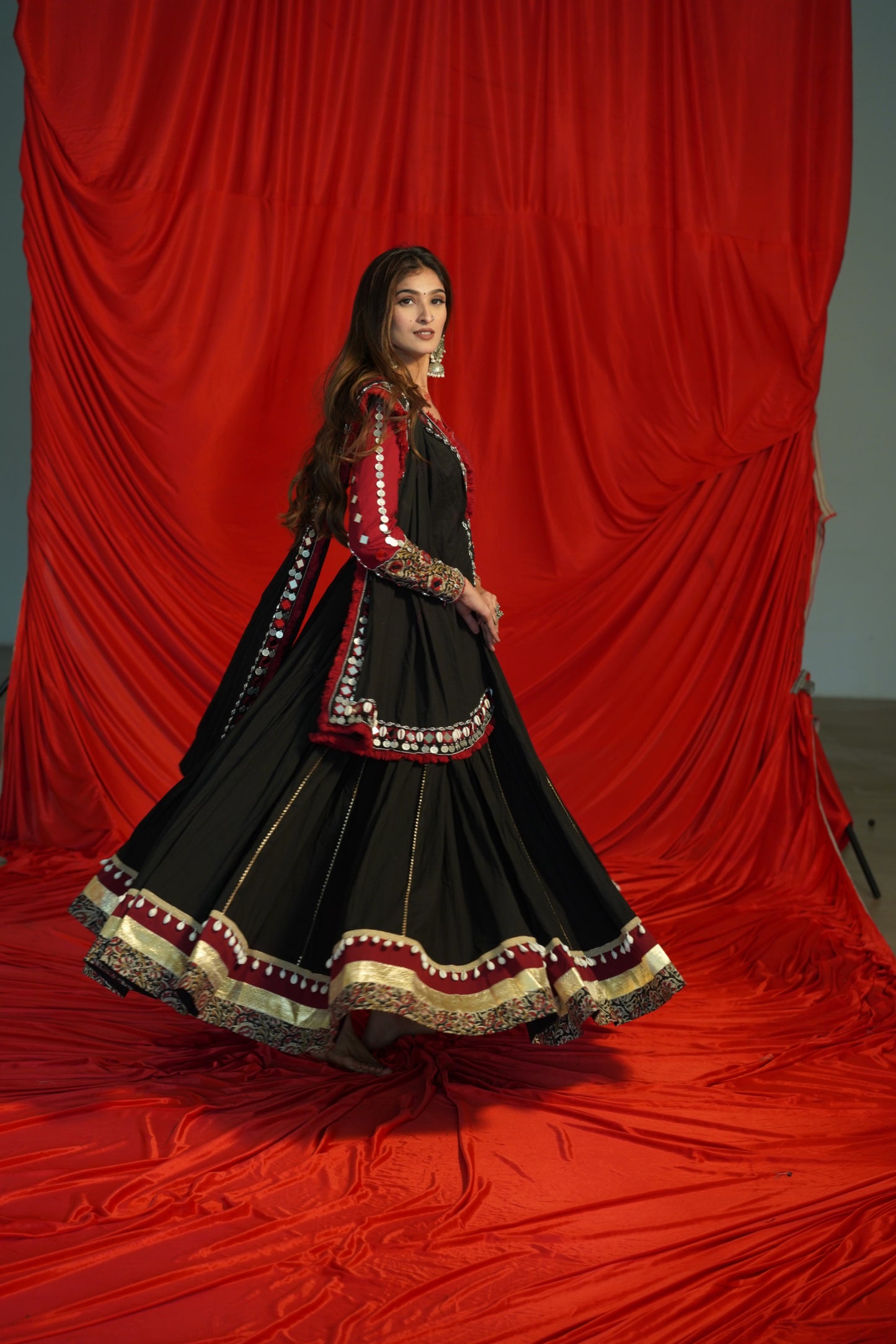 Boho Mirrorwork Black Chaniya Choli with Ajrakh Fusion – Navratri Raas 2025