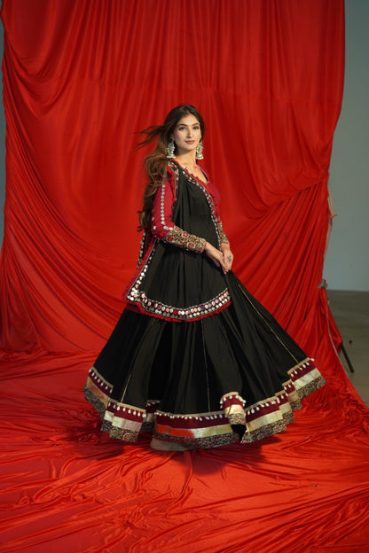 Boho Mirrorwork Black Chaniya Choli with Ajrakh Fusion – Navratri Raas 2025