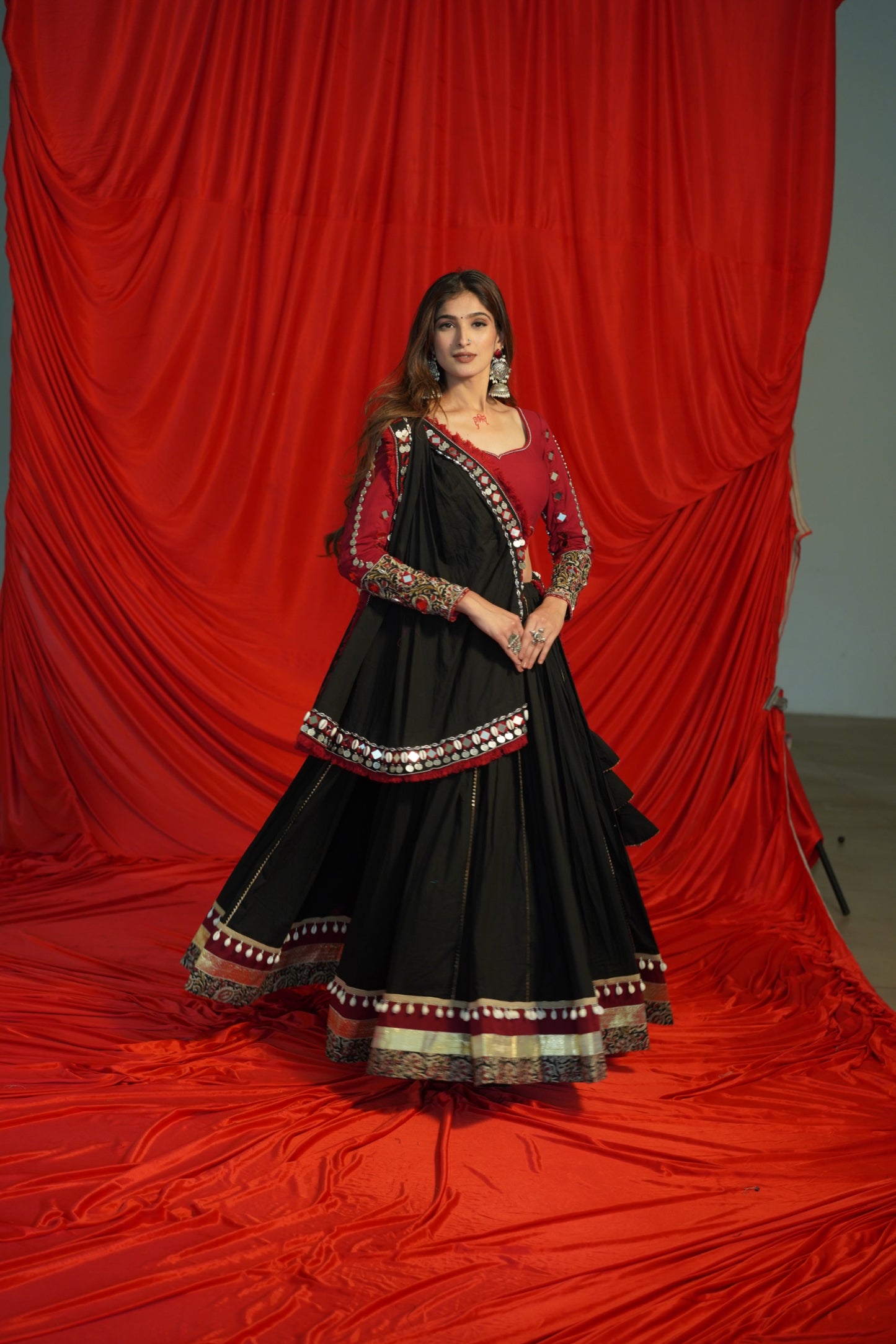 Boho Mirrorwork Black Chaniya Choli with Ajrakh Fusion – Navratri Raas 2025