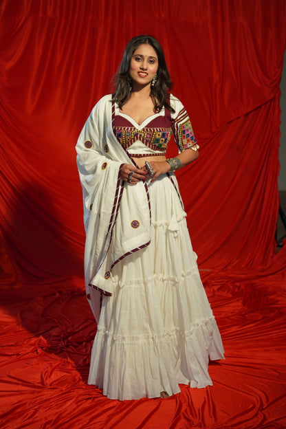 White Tiered Navratri Chaniya Choli Set with Kutchi Blouse | 18 Meter Flare | Navratri RAAS 2025 Collection