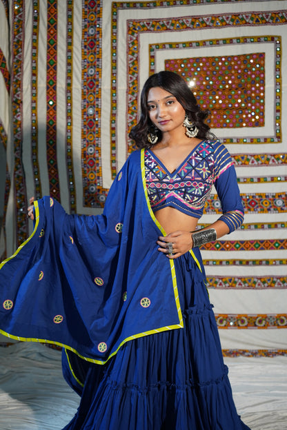 Royal Blue 18-Meter Flare Chaniya Choli with Kutchi Heritage Blouse & Mirror Kukri Dupatta – Navratri 2025