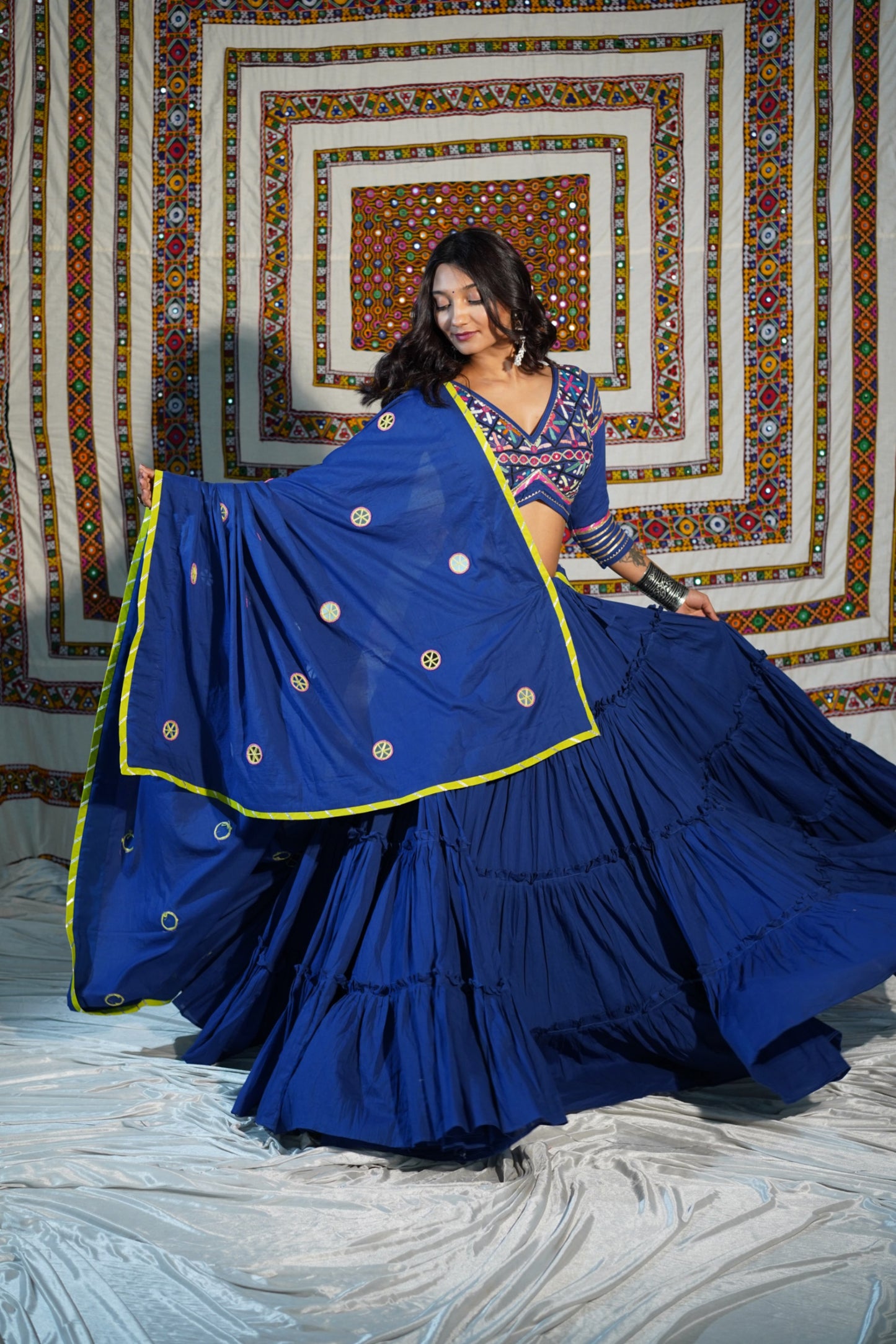Royal Blue 18-Meter Flare Chaniya Choli with Kutchi Heritage Blouse & Mirror Kukri Dupatta – Navratri 2025