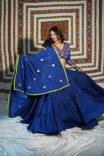 Royal Blue 18-Meter Flare Chaniya Choli with Kutchi Heritage Blouse & Mirror Kukri Dupatta – Navratri 2025