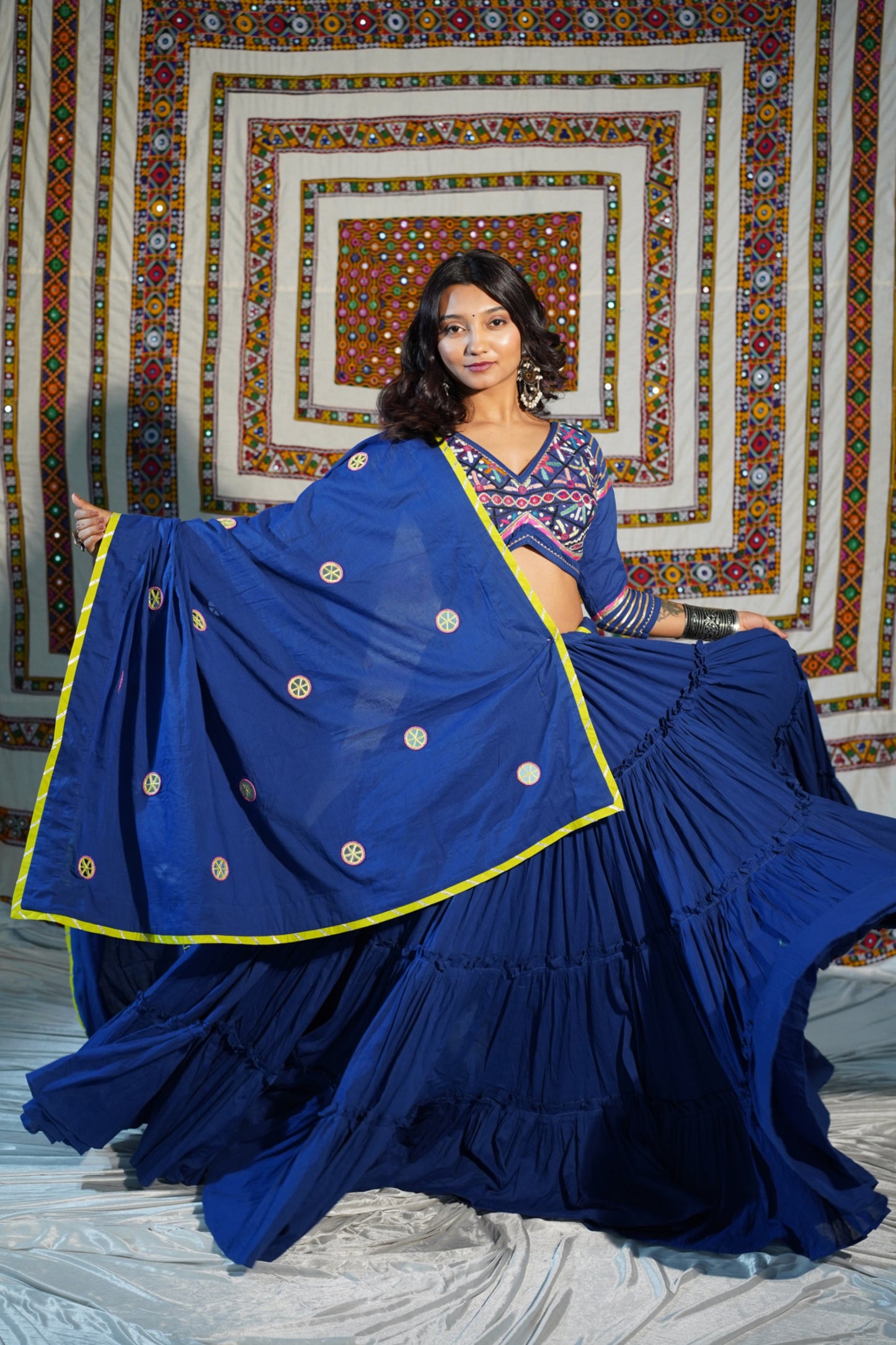 Royal Blue 18-Meter Flare Chaniya Choli with Kutchi Heritage Blouse & Mirror Kukri Dupatta – Navratri 2025