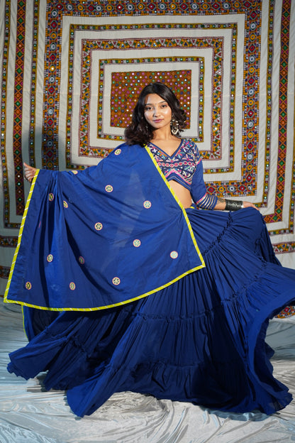 Royal Blue 18-Meter Flare Chaniya Choli with Kutchi Heritage Blouse & Mirror Kukri Dupatta – Navratri 2025