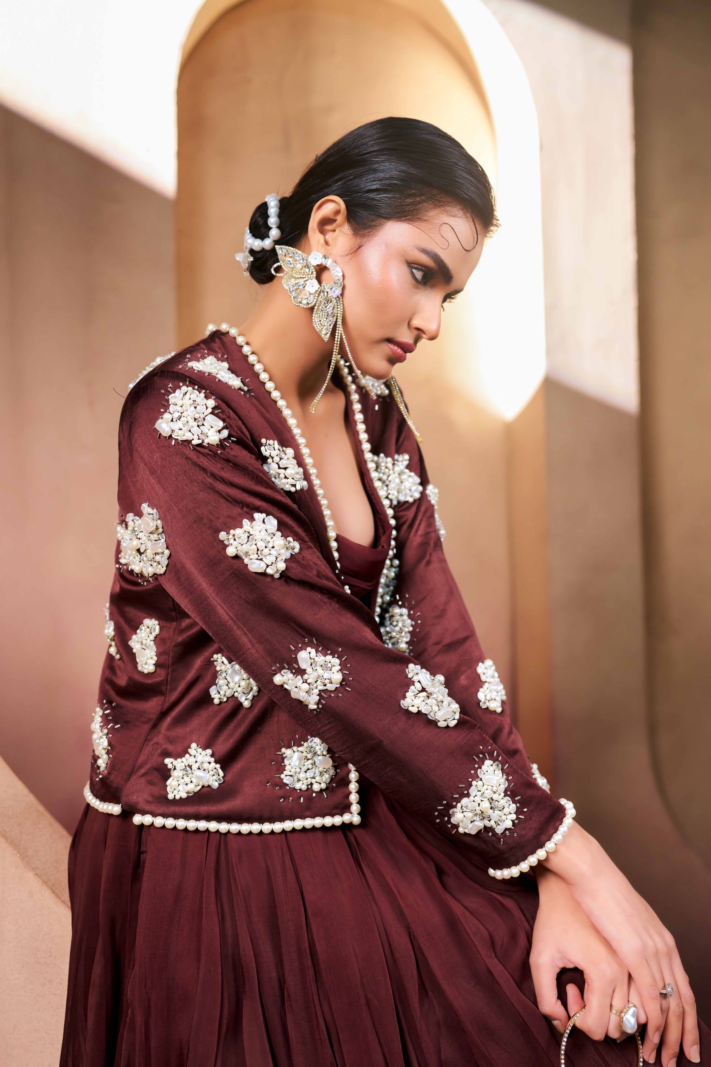Mocha Cloud Embellished Lehenga Set