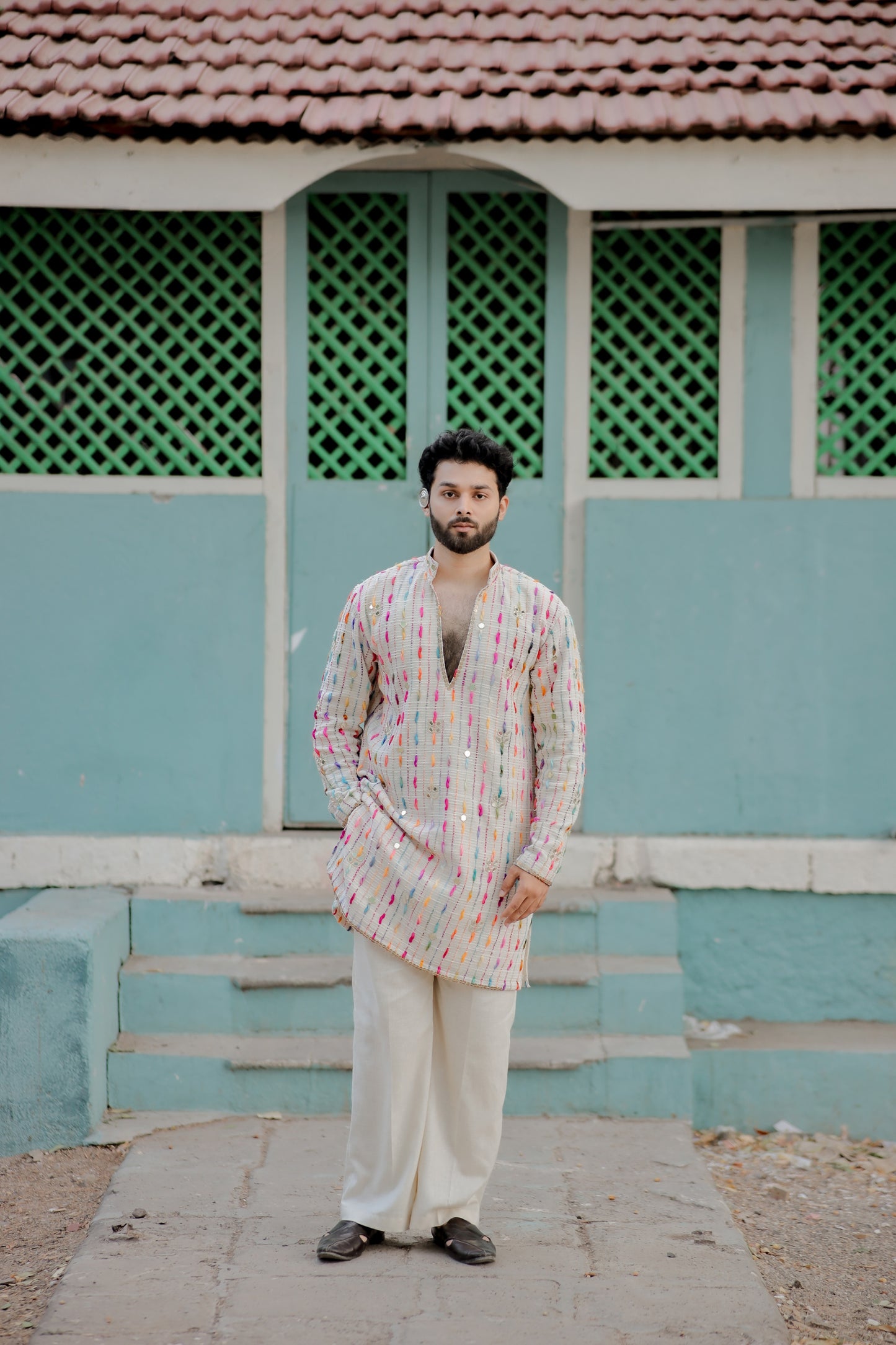 Beige Jute Navratri Men's Kurta set