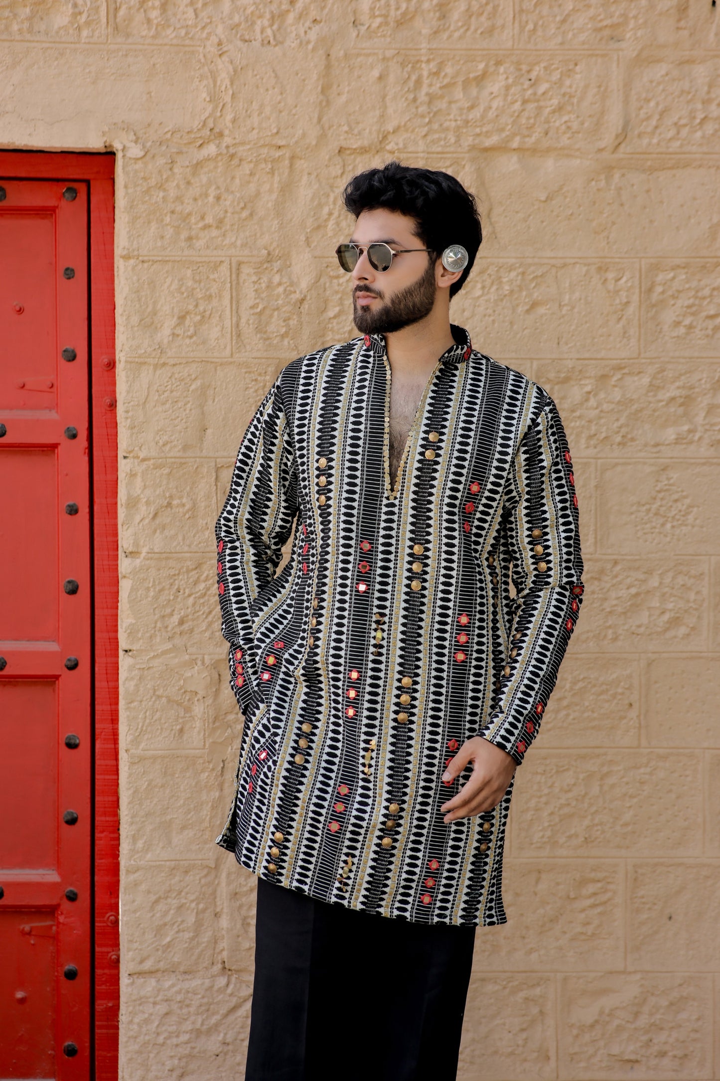Black Weave Navratri Men's Kurta set