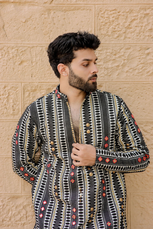 Black Weave Navratri Men's Kurta set