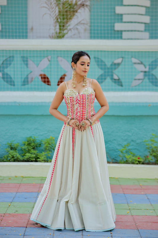 Navratri Ivory White & Pink Corset and Chaniya