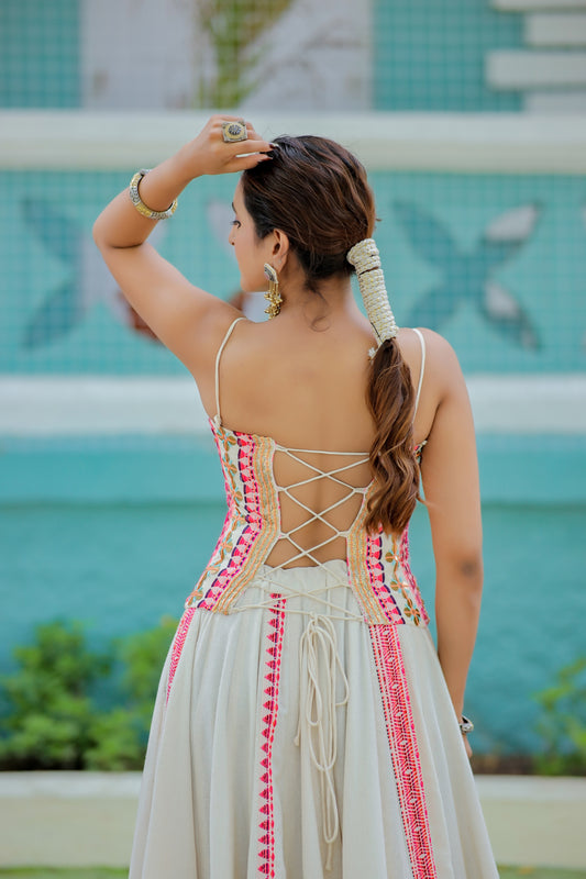 Navratri Ivory White & Pink Corset and Chaniya