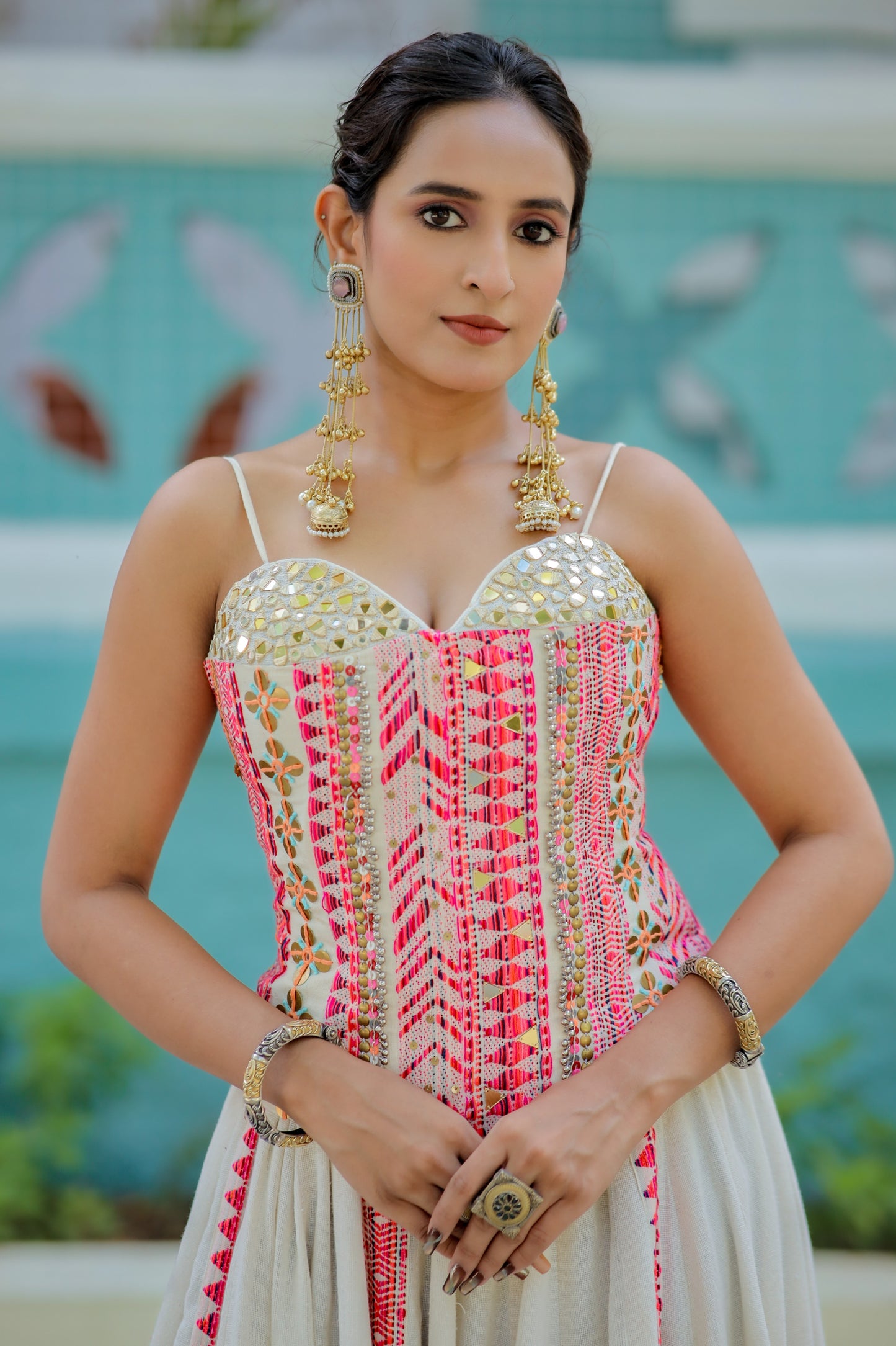 Navratri Ivory White & Pink Corset and Chaniya