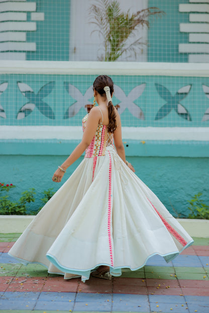 Navratri Ivory White & Pink Corset and Chaniya