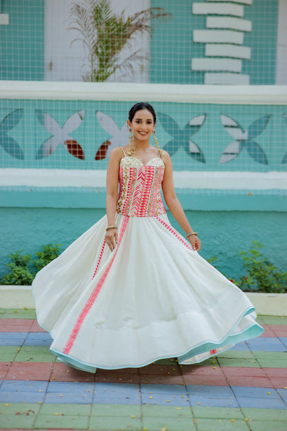 Navratri Ivory White & Pink Corset and Chaniya
