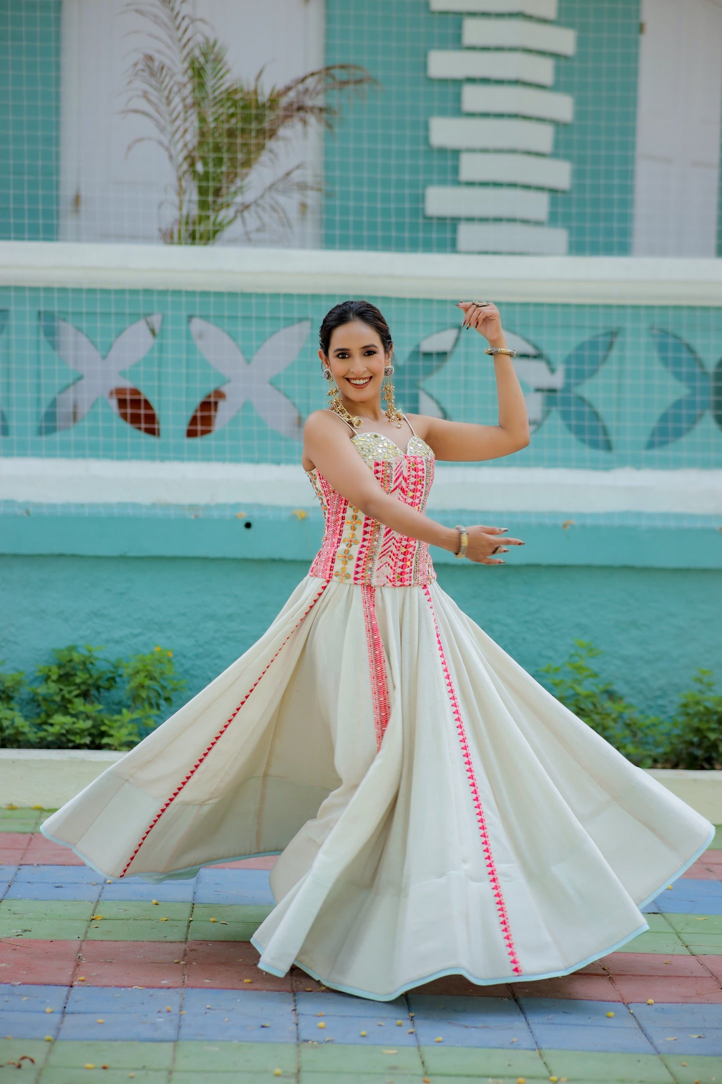 Navratri Ivory White & Pink Corset and Chaniya