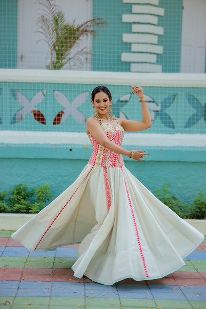 Navratri Ivory White & Pink Corset and Chaniya