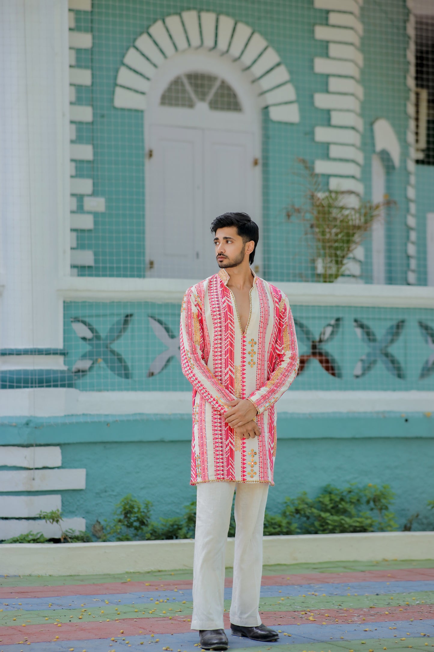 Navratri Ivory White & Pink Jute Men's Kurta