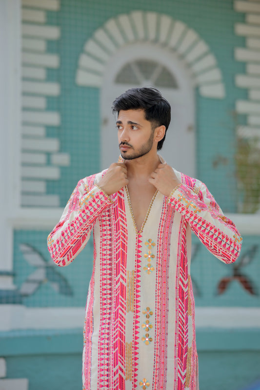 Navratri Ivory White & Pink Jute Men's Kurta