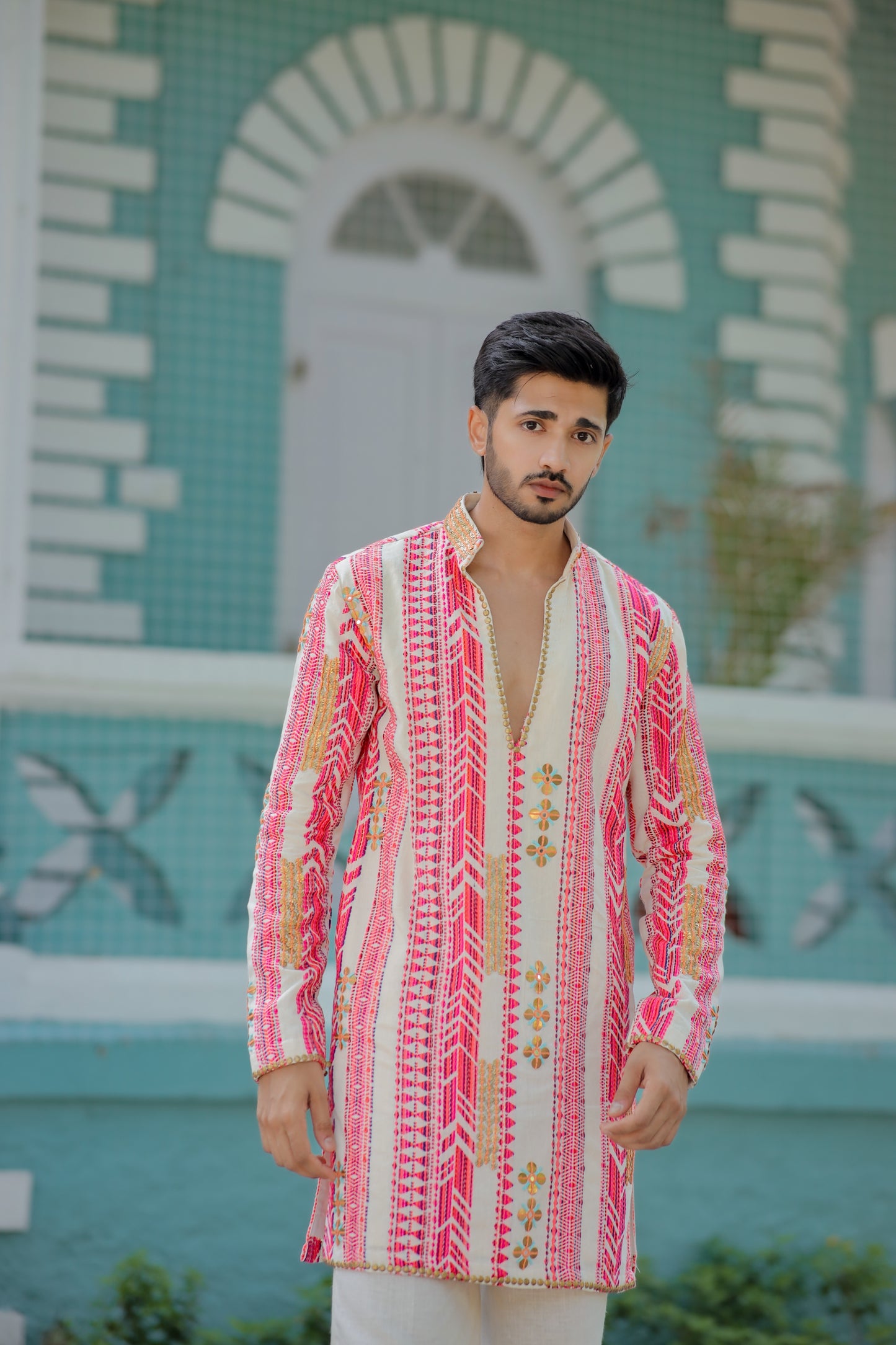 Navratri Ivory White & Pink Jute Men's Kurta