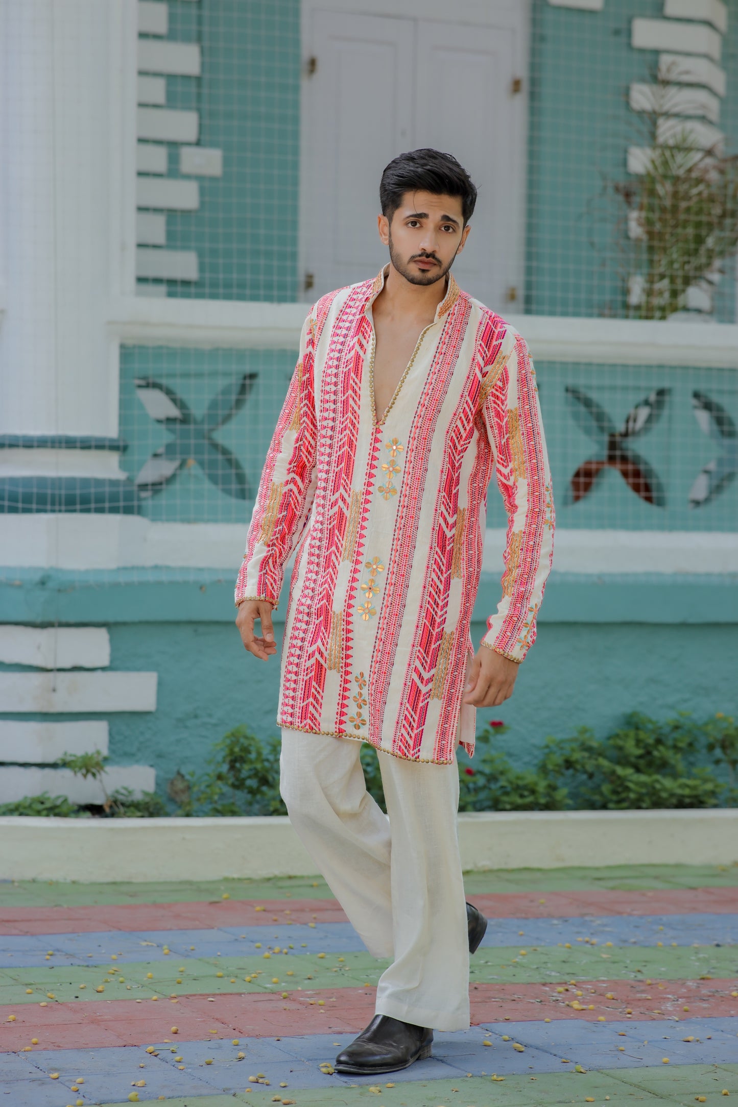 Navratri Ivory White & Pink Jute Men's Kurta