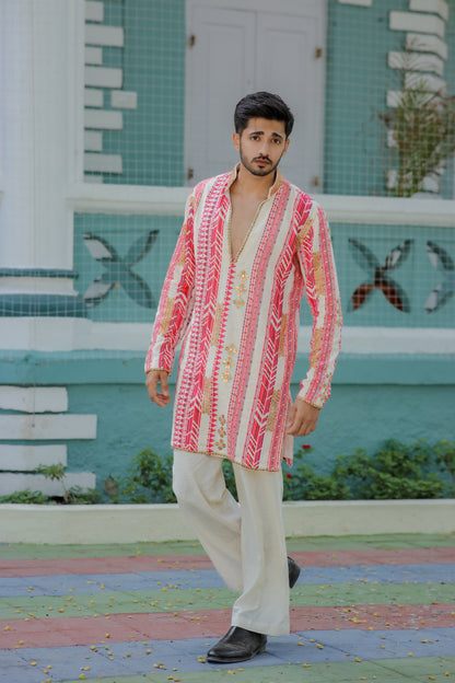 Navratri Ivory White & Pink Jute Men's Kurta