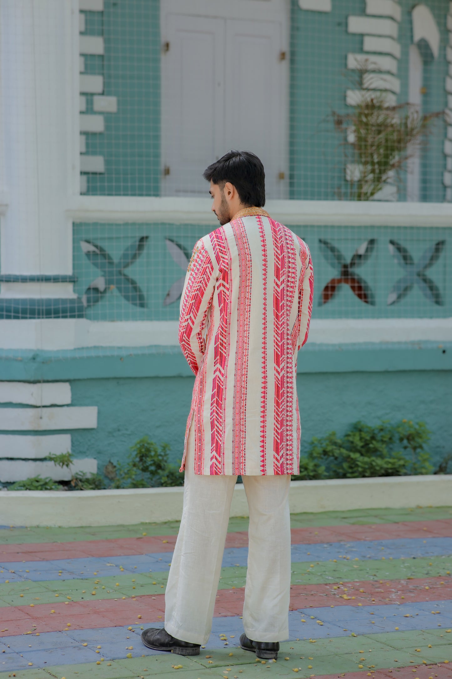 Navratri Ivory White & Pink Jute Men's Kurta