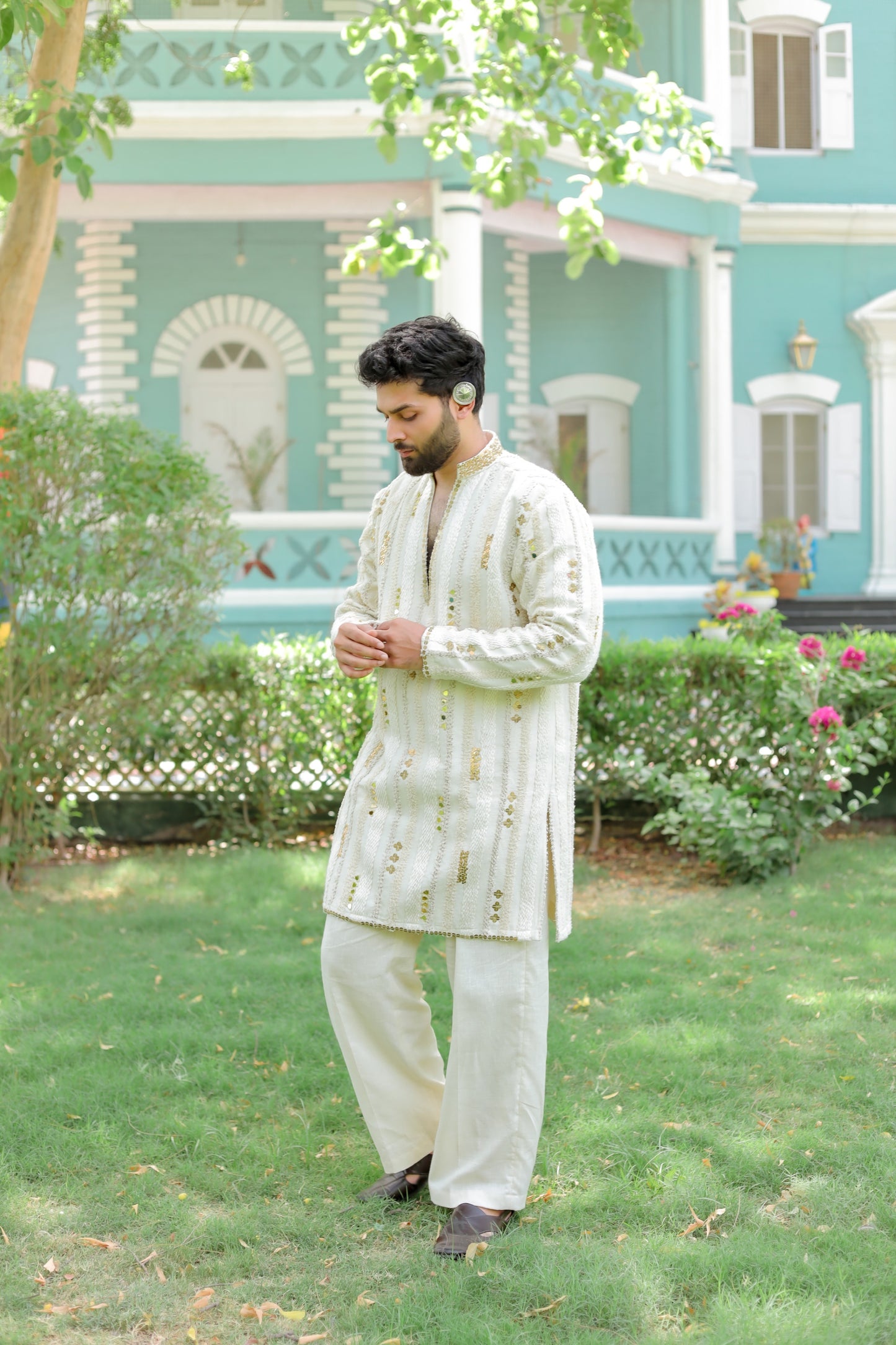 Navratri Ivory White Jute Men's Kurta