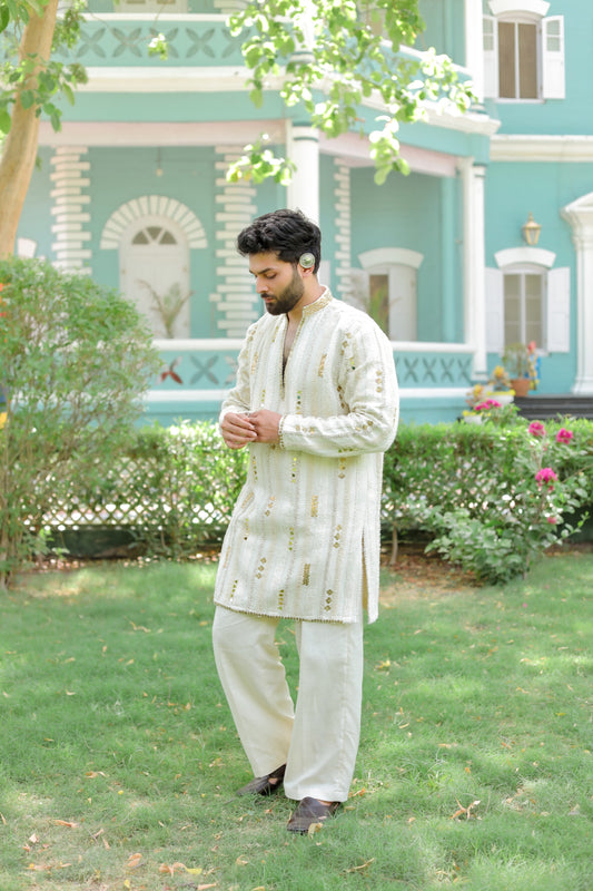 Navratri Ivory White Jute Men's Kurta