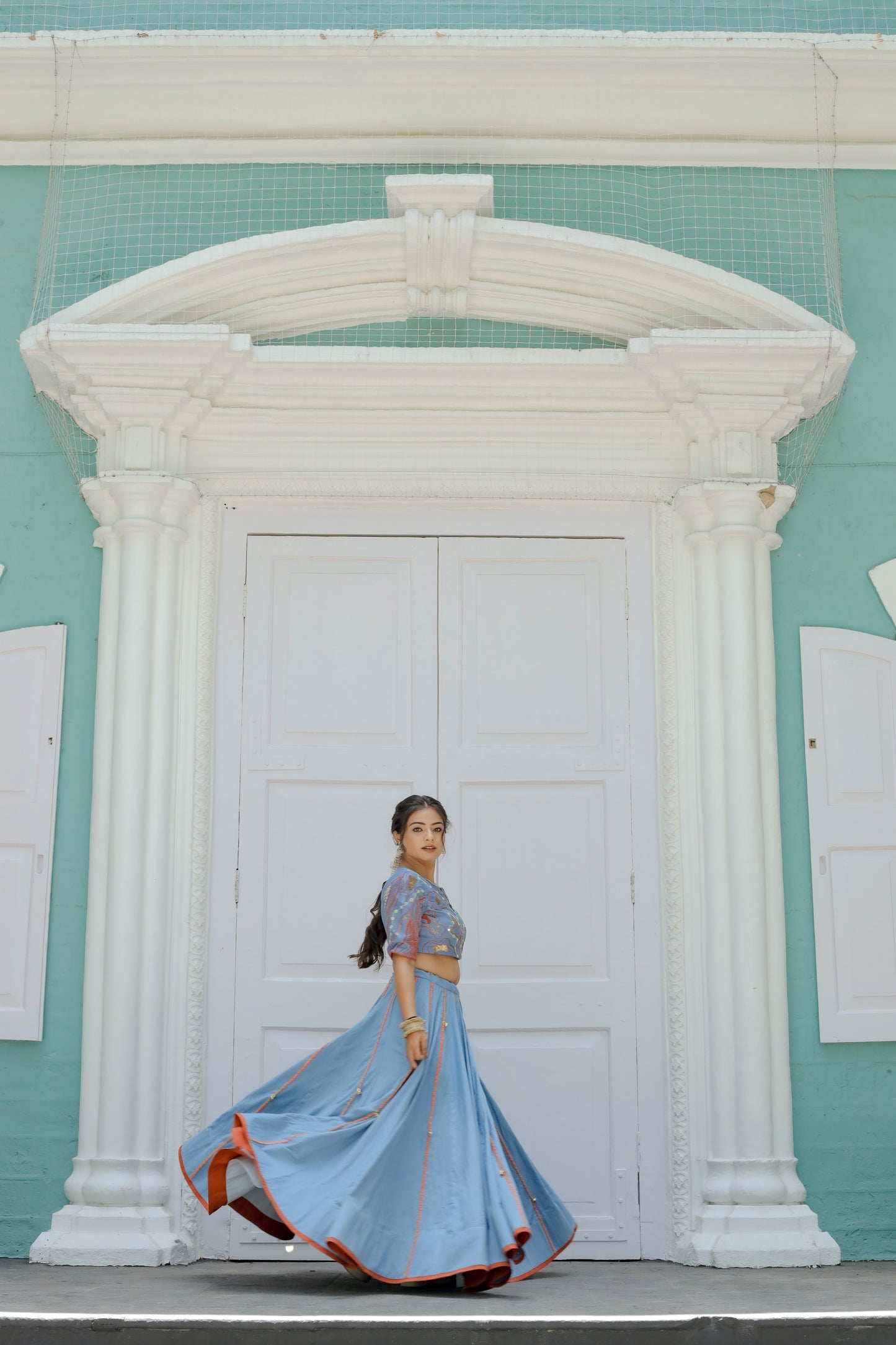Vintage Blue Denim Silk Navratri Jacket &  Chaniya Set