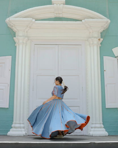 Vintage Blue Denim Silk Navratri Jacket &  Chaniya Set