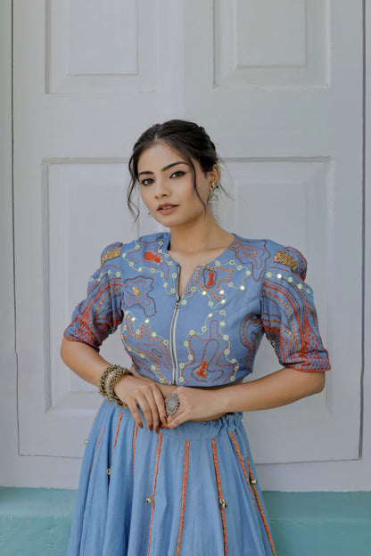 Vintage Blue Denim Silk Navratri Jacket &  Chaniya Set