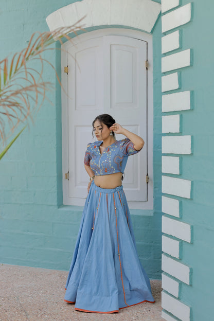 Vintage Blue Denim Silk Navratri Jacket &  Chaniya Set