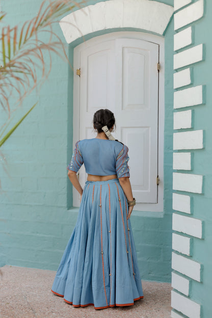 Vintage Blue Denim Silk Navratri Jacket &  Chaniya Set