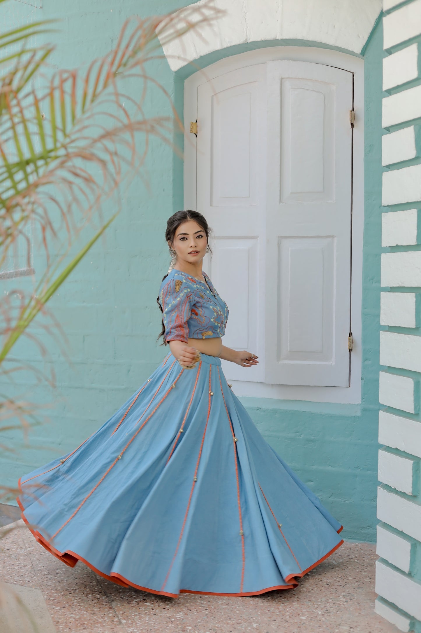 Vintage Blue Denim Silk Navratri Jacket &  Chaniya Set