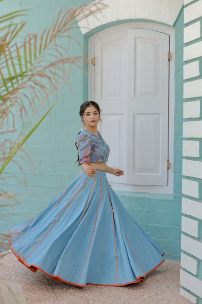 Vintage Blue Denim Silk Navratri Jacket &  Chaniya Set