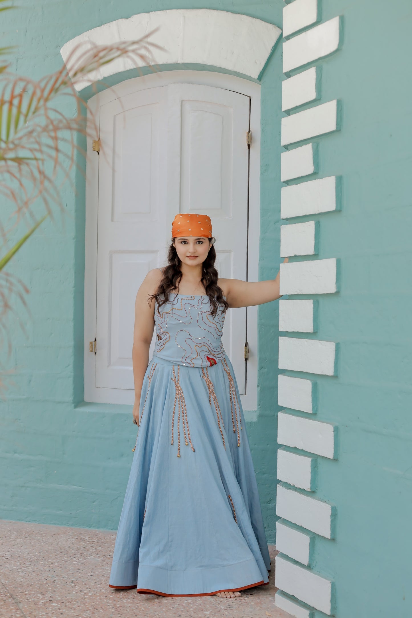 Navratri Sky Denim Corset Chaniya Choli