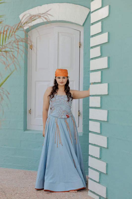 Navratri Sky Denim Corset Chaniya Choli