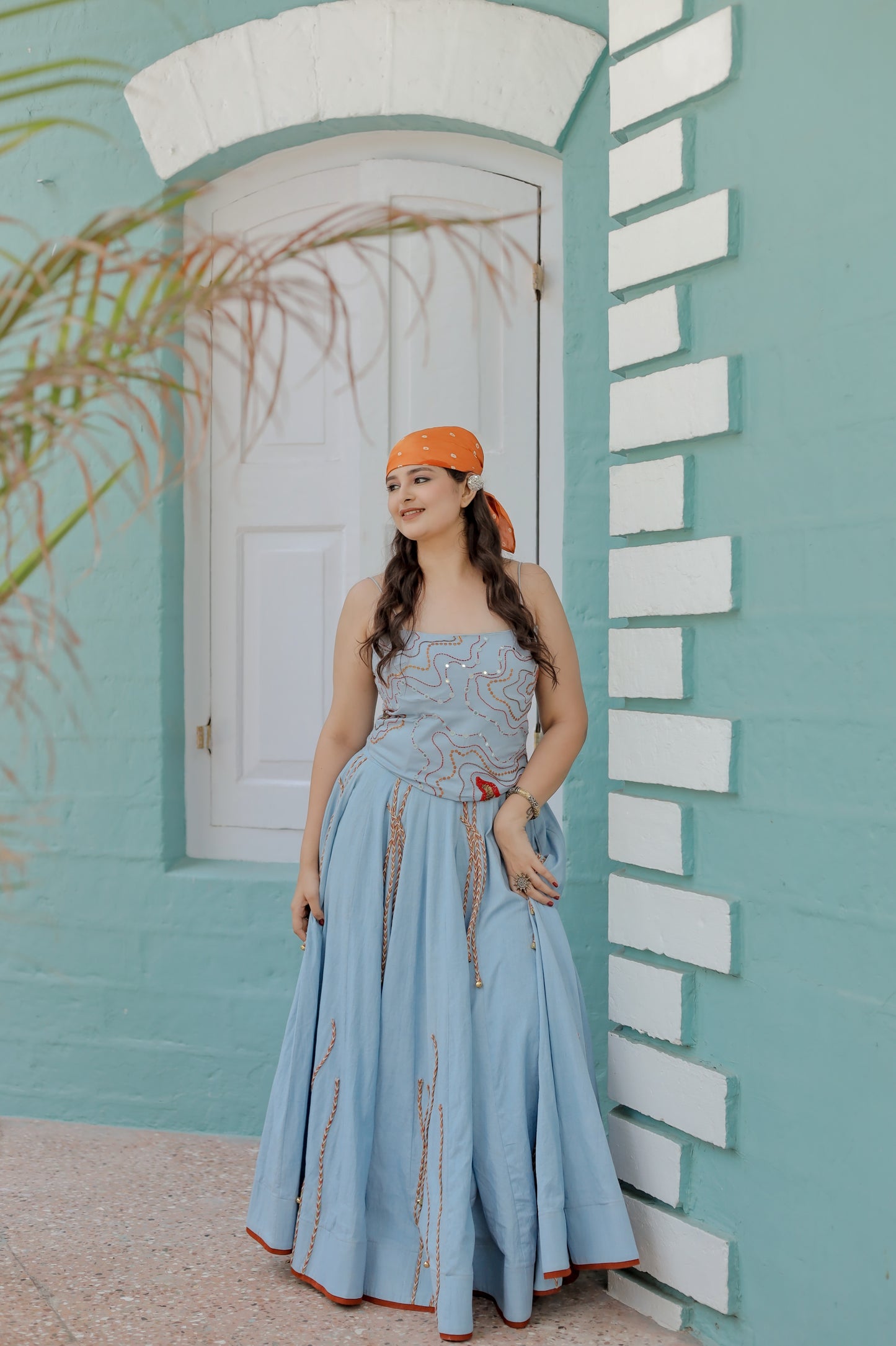 Navratri Sky Denim Corset Chaniya Choli