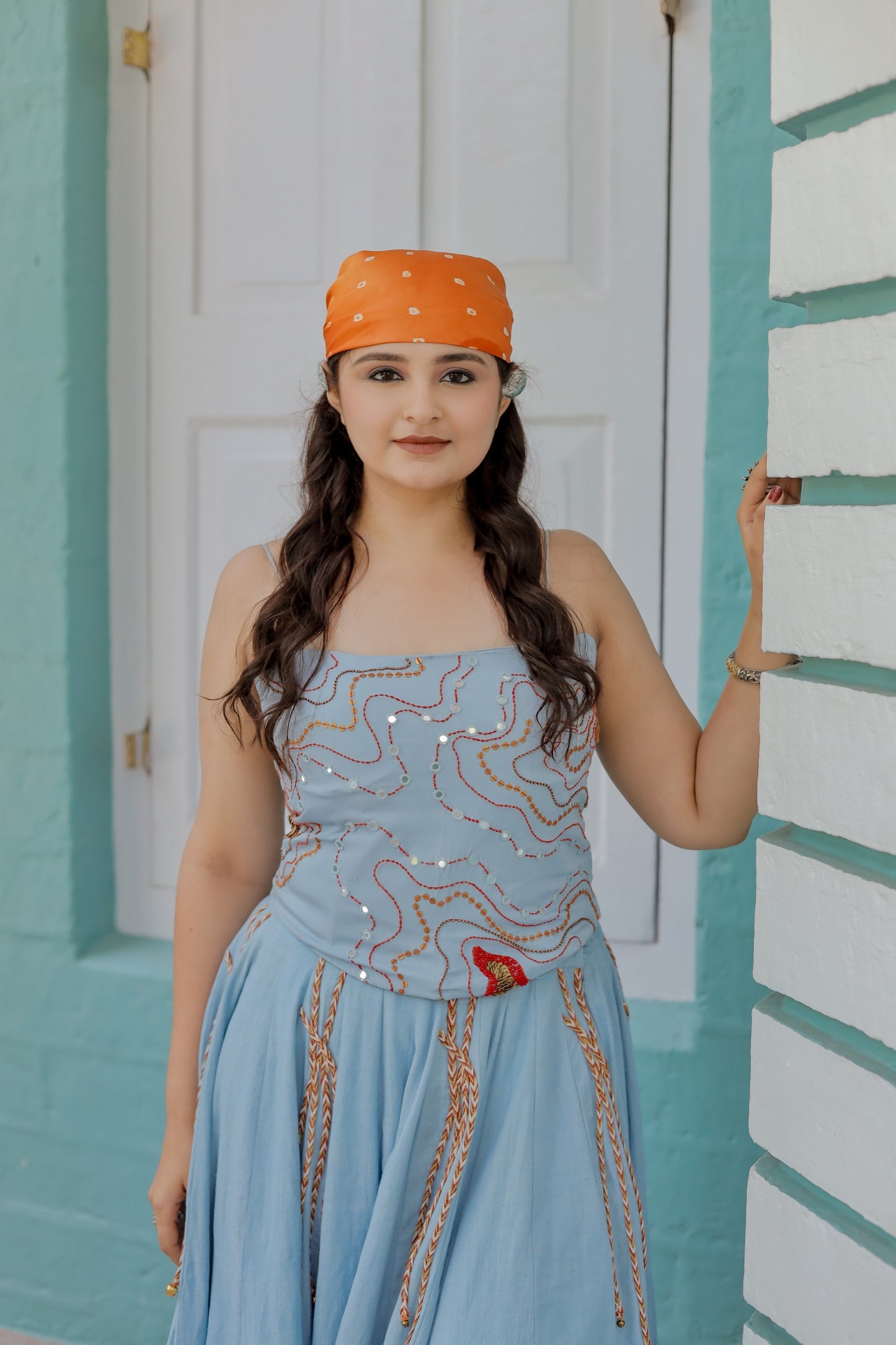 Navratri Sky Denim Corset Chaniya Choli
