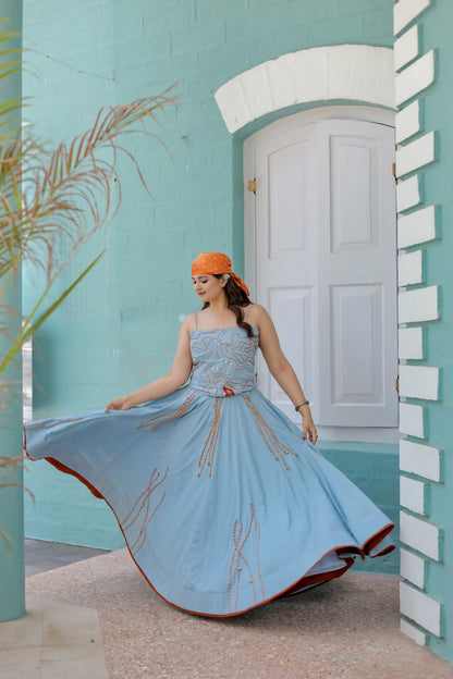 Navratri Sky Denim Corset Chaniya Choli