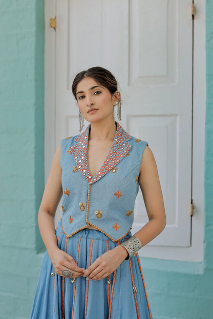 Navratri Denim Waistcoat Chaniya Choli