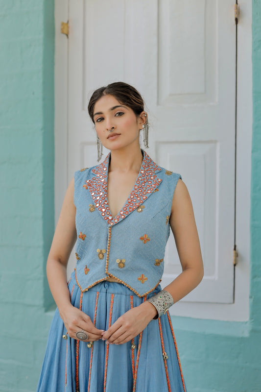 Navratri Denim Waistcoat Chaniya Choli