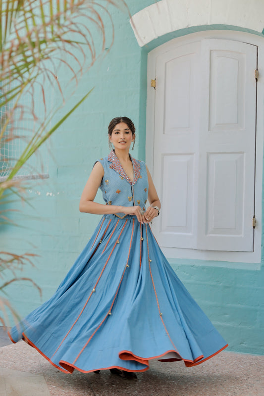 Navratri Denim Waistcoat Chaniya Choli