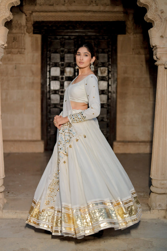 Ivory White Heavy Daman Dupatta Navratri Chaniya Choli