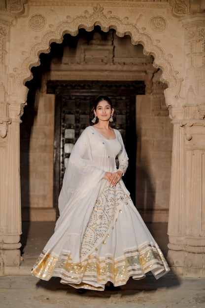 Ivory White Heavy Daman Dupatta Navratri Chaniya Choli