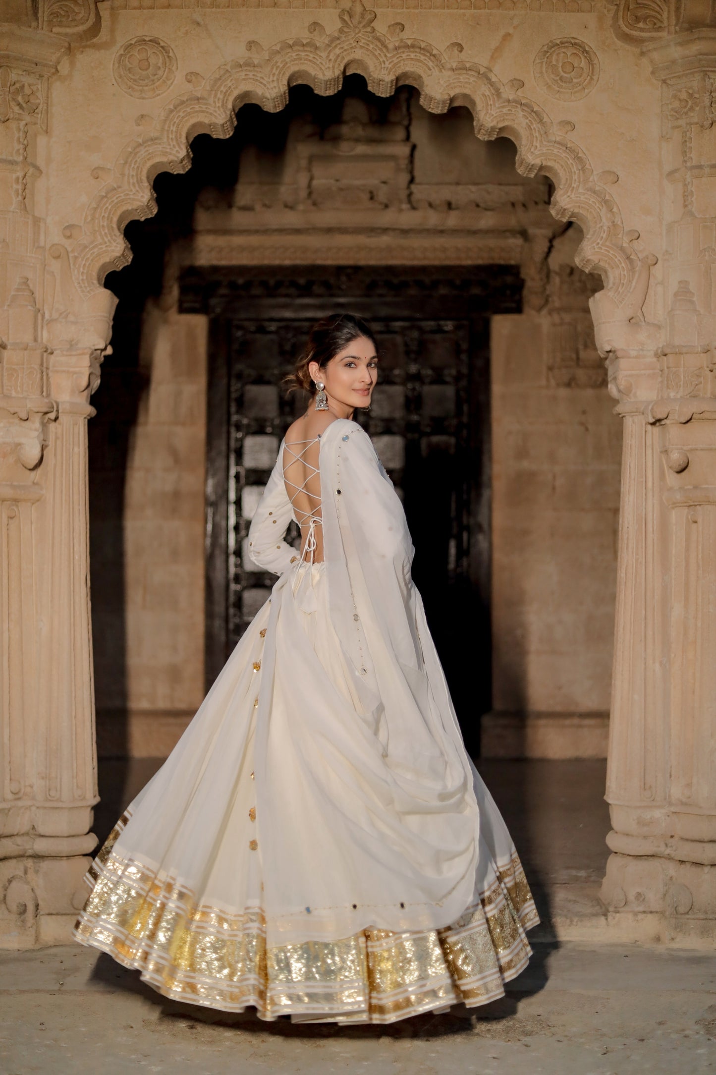 Ivory White Heavy Daman Dupatta Navratri Chaniya Choli